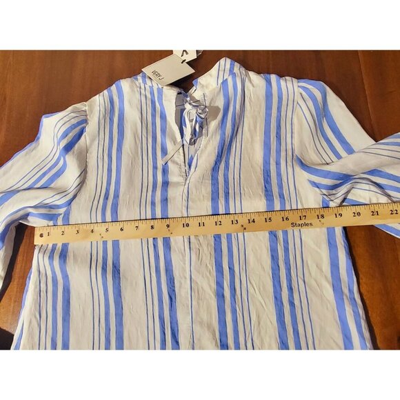 Blue & White Striped Tencel Blouse With Tie-Back & Pop Sleeves By Very J Sz M Ne - Picture 5 of 12